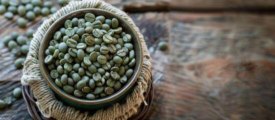 Aufkleber - The beans inside and outside the cup are green, displayed in a basket with copy space image.