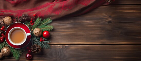 Poster - A charming Christmas card features a rustic wooden background adorned with tree branches, balls, a scarf, and a cup of tea, with ample copy space; seen from above.