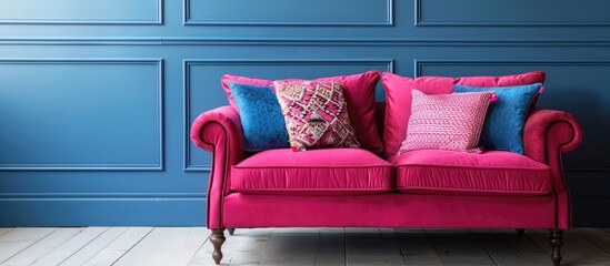 Canvas Print - Pink sofa with vibrant cushions on a clean background, ideal as a copy space image.