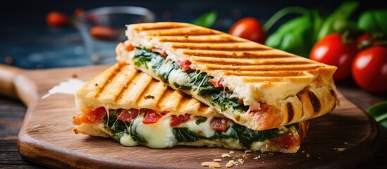 Aufkleber - Delicious panini breakfast or snack with grilled ham, tomato, cheese, and spinach. Ample copy space for the image.