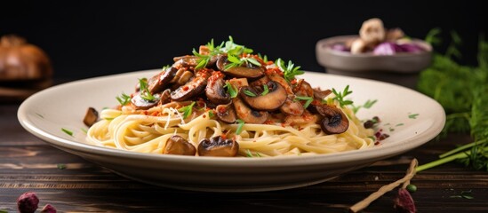 Poster - A plate of pasta topped with a rich and velvety mushroom sauce, perfect for any pasta lover, ready to be enjoyed in a restaurant setting with a beautiful copy space image.
