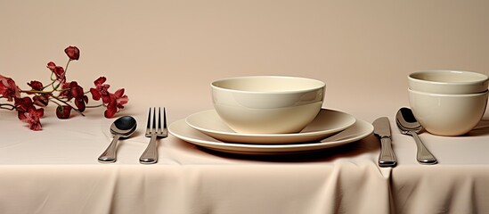 Leinwandbilder - Beige tablecloth with cutlery and dishes, providing a copy space image.