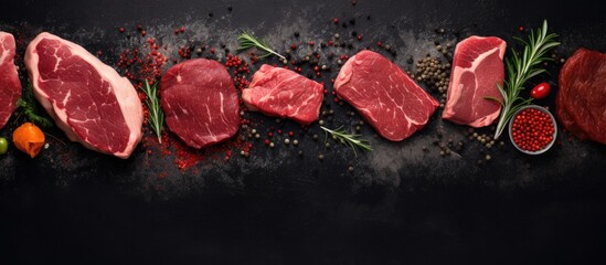 Aufkleber - Assorted seasoned raw meat on a dark backdrop in a top-down view with room for a copy space image.