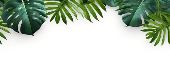 Leinwandbilder - Top view of isolated tropical jungle Monstera leaves with a white background, highlighting the swiss cheese plant. The image includes a green leaf and copy space.