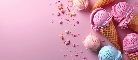 Poster - Bright background featuring pastel ice cream in waffle cones with a copy space image included.