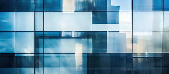 Abstract closeup of a modern building facade covered in reflective plate glass. Architectural background with glass wall details and facade closeup. Includes copy space image.