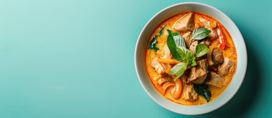 Wall Mural - Blue background displays a white bowl of Panaeng Curry with pork, creating a vibrant copy space image.