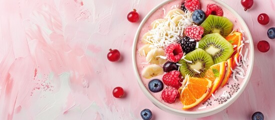 Wall Mural - Pineapple fruit smoothie bowl topped with coconut, kiwi, berries, and oranges on a pastel pink background with ample copy space image.