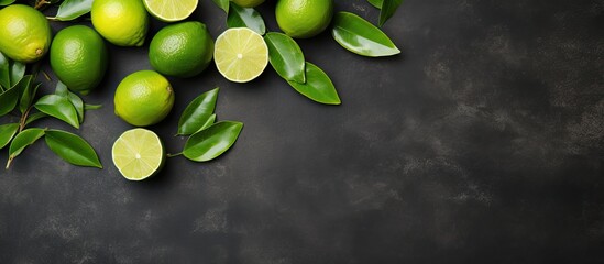 Wall Mural - Top view of fresh ripe limes on a dark stone surface with a blank area for text or images, known as a copy space image.