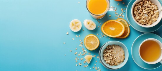 Aufkleber - Blue background with oatmeal, orange juice, and coffee, all displayed for a copy space image.