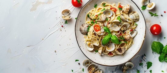 Aufkleber - Seafood pasta with clams Spaghetti alle Vongole on a light background. Top view. Copy space image. Place for adding text or design