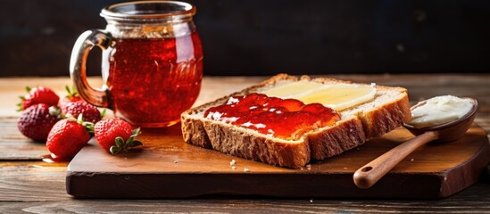 Aufkleber - American breakfast style featuring homemade toast with butter, strawberry jam, and hot tea on a wooden cutting board atop a rustic table, ideal for a copy space image.