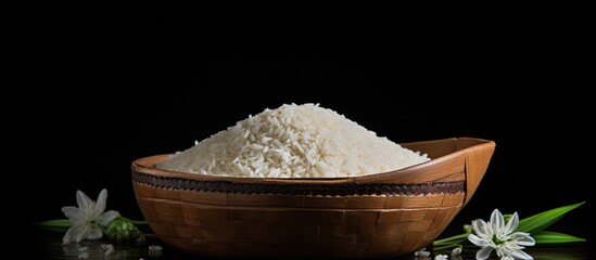 Aufkleber - Bamboo basket with raw Basmati rice on black background, featuring copy space image.