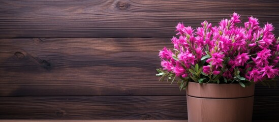 Aufkleber - Wooden background supporting a bucket filled with vibrant, fresh Hebe flowers, providing ideal copy space image.