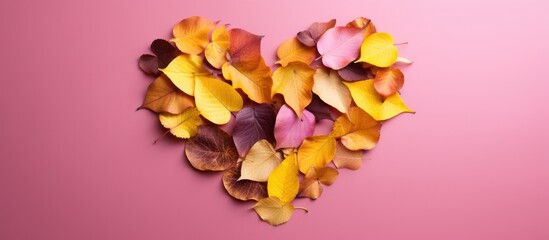 Poster - A studio shot from above of an autumn-themed group where orange, green, yellow, and brown leaves form a heart shape cutout on a pink background in a horizontal orientation, leaving space for