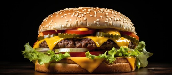 Poster - A double cheeseburger topped with lettuce, tomato, onion, and melted American cheese in a panoramic copy space image.