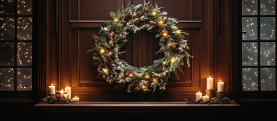 Wall Mural - A festive holiday wreath adorned with twinkling lights provides a charming seasonal touch to your decor with a lovely copy space image.