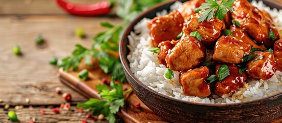 Aufkleber - High angle view of a popular Asian street food dish featuring chicken and rice with selective focus background in a panoramic banner-style copy space image.