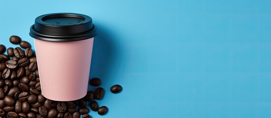 Aufkleber - Pink paper coffee cup with black plastic lid on blue backdrop with coffee beans, showing a take-away coffee cup in a flat lay composition with copy space image.