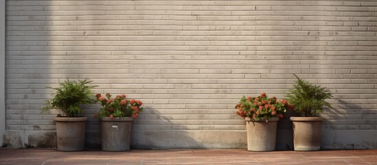 Aufkleber - A brick wall adorned with two closed gray shutters and flowerpots, facing a concrete sidewalk and street, providing a background for a copy space image.