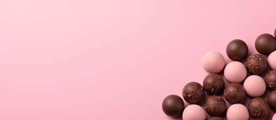Poster - Delicious chocolate candies placed on a pink background with a horizontal copy space image available.