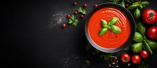 Aufkleber - Top view of a bowl of tomato soup with basil against a dark background, providing ample copy space image.