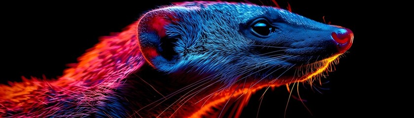 Poster - Neon Mongoose Poised in Vibrant Glow on Isolated Black Background