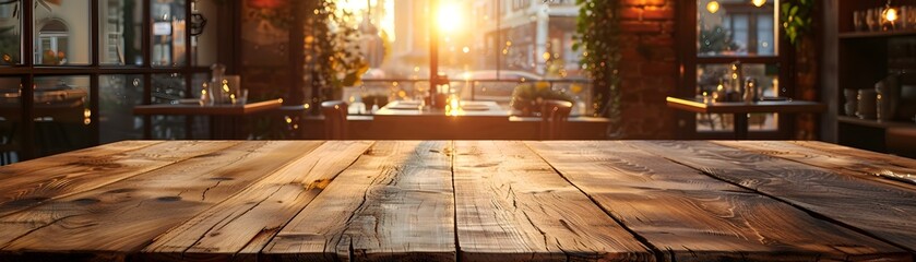 Canvas Print - Rustic Raw Edge Wooden Table in Hazy Farm to Table Restaurant Setting with Warm Sunset Glow