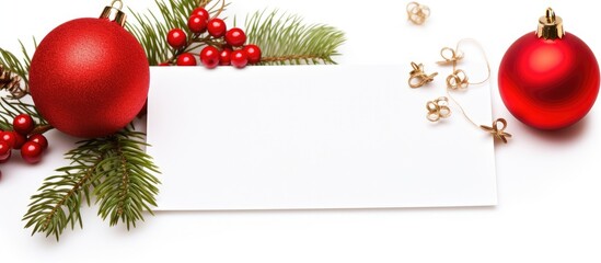 Poster - Christmas-themed arrangement with a blank card on a white backdrop, ideal for adding text or images in the empty space image. with copy space image. Place for adding text or design
