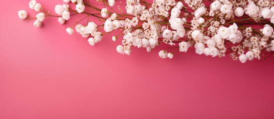 Poster - Pink background with white gypsophila flowers creating a delicate and elegant look, ideal for a copy space image.