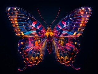 Sticker - Glowing Neon Butterfly with Vibrant Open Wings against Stark Black Background  Delicate Patterns and Copy Space