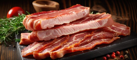 Poster - Fresh bacon slices, a delicious pork product, displayed on a rustic table with a food background, suitable for appetizers or meals, in a top view with copy space image.