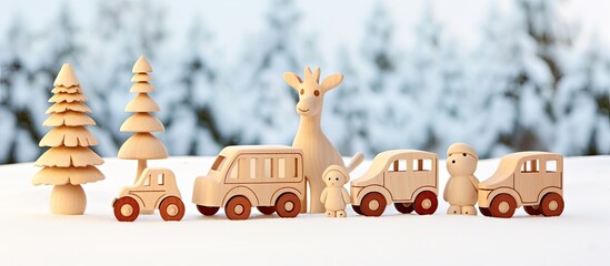 Wall Mural - Wooden pine toys on a snowy backdrop with copy space image available.