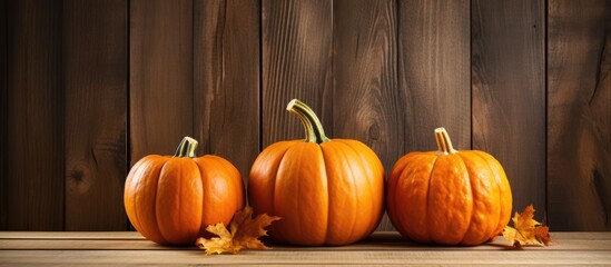 Poster - Autumn harvest of three pumpkins stacked on a wooden backdrop with copy space image.