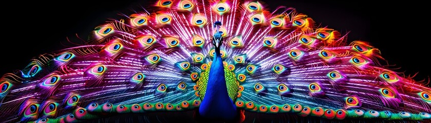 Poster - Neon Peacock with Fanned Tail and Vibrant Patterns on Black Background