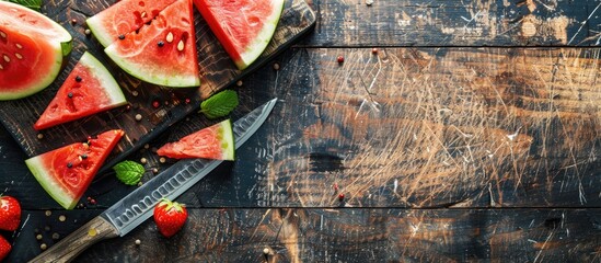 Aufkleber - Watermelon slices on a cutting board with a knife, showing a copy space image on the table.