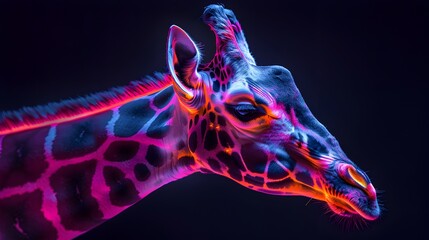 Sticker - Vibrant Neon Giraffe with Elongated Neck Glowing on Isolated Black Background  Digital Artwork Concept