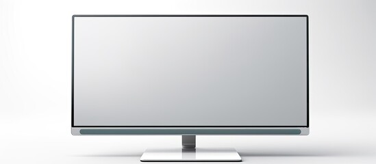 A modern matte monitor or TV on a table with a metal bracket. Positioned off-center with a side holder, providing a clear edge and ample copy space image on a white background.