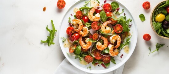 Aufkleber - Flat lay of a tasty salad with shrimp, tomatoes, and croutons on a white table, offering a spacious area for text in the image. with copy space image. Place for adding text or design