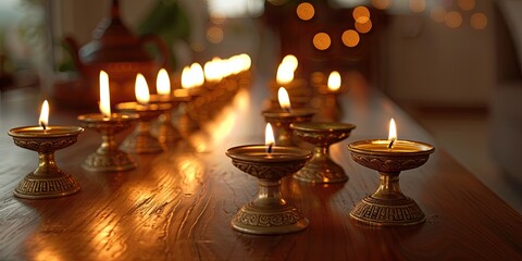 Wall Mural - Rows of lit butter lamps on a wooden table creating a warm, spiritual atmosphere. Concept of Buddhism, Diwali, peace, meditation, and ritual.