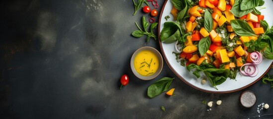 Top-down copy space image of a salad made with pumpkin and basil ingredients on a grey background, ready to be cooked.