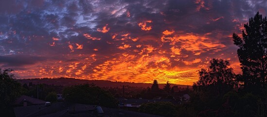 Wall Mural - The sky displays stunning orange and red hues before sunrise on a cloudy morning, perfect for a copy space image.