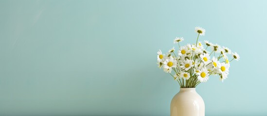 Leinwandbilder - Chamomile-filled vase resting on a table beside a bright wall, with ample copy space image.
