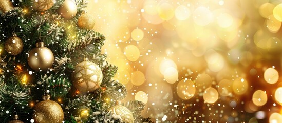 Poster - Festive New Year card with a Christmas tree, ornaments, and a place for text on a Christmas-themed background with copy space image.