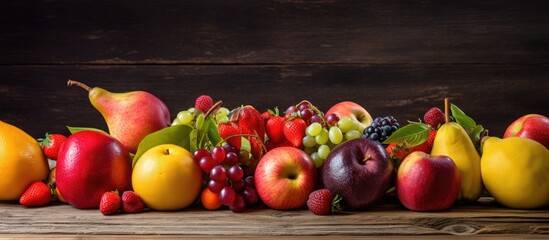 Leinwandbilder - Assorted fruit displayed on a rustic wooden backdrop, ideal for showcasing text in the copy space image.