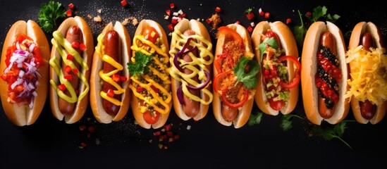 Poster - Top view of various hot dogs with different toppings on a dark background, creating a food-themed image with space for text. Fast food concept. with copy space image. Place for adding text or design