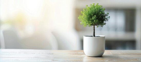 Fototapete - Small tree in a pot on the table,concept gardening in the office,love earth ,and green world. with copy space image. Place for adding text or design