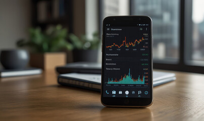 A close-up portrait of a modern smartphone displaying a finance app with graphs and statistics on its screen