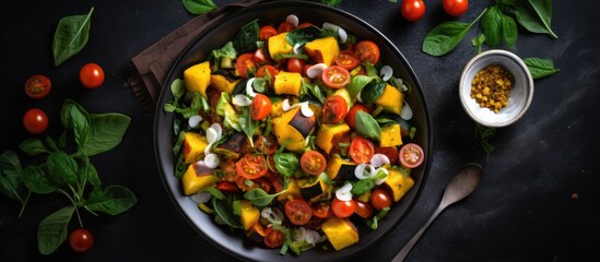 Wall Mural - Top-down copy space image of a salad made with pumpkin and basil ingredients on a grey background, ready to be cooked.