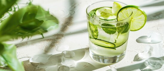 Poster - A glass of detox drink, water with fruit and ice. Contains cucumber, lime wedges and green leaves on a white table, with hard shadow. Summer concept, tropical and cool cocktail. Copy space image.